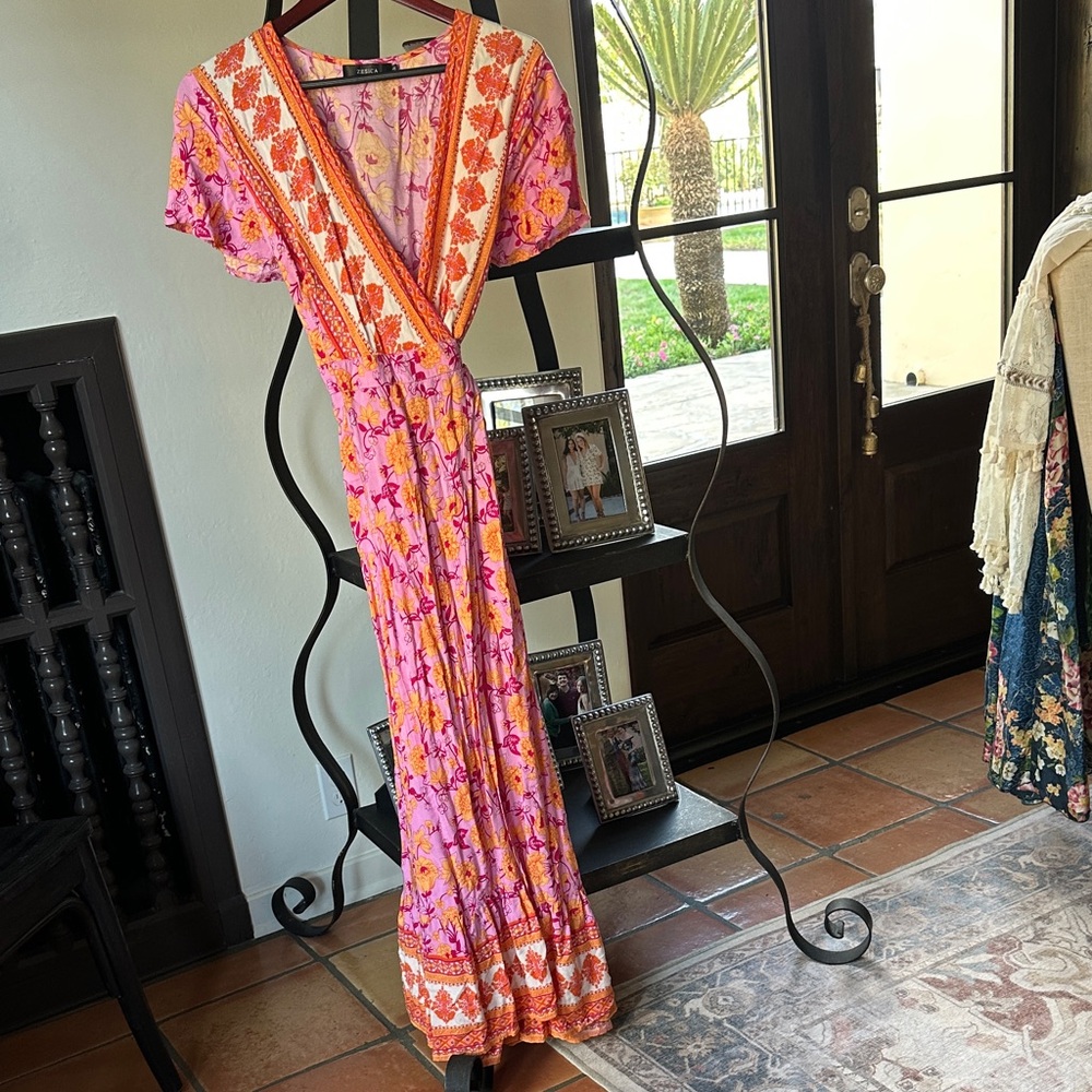 Bohemian Floral Printed Wrap V-Neck Short Sleeve Beach Party Dress